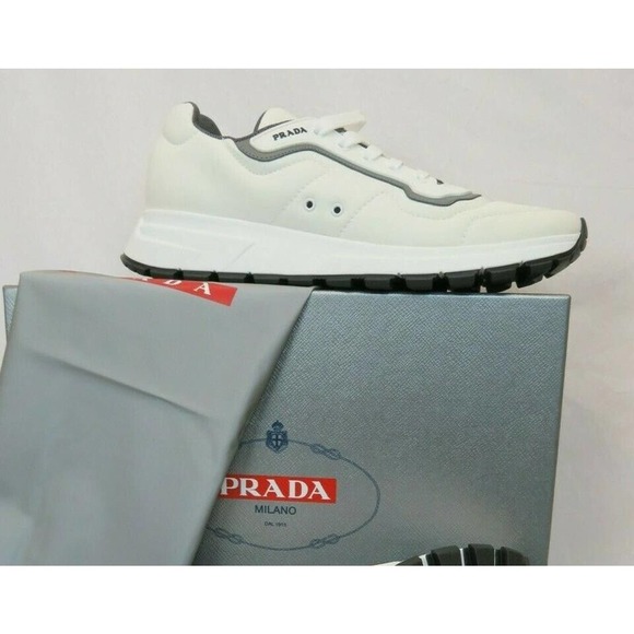NIB PRADA 4E3382 WHITE NYLON GRAY GABARDINE LOGO PLATFORM SNEAKERS 8.5 / US 9.5 main image 4